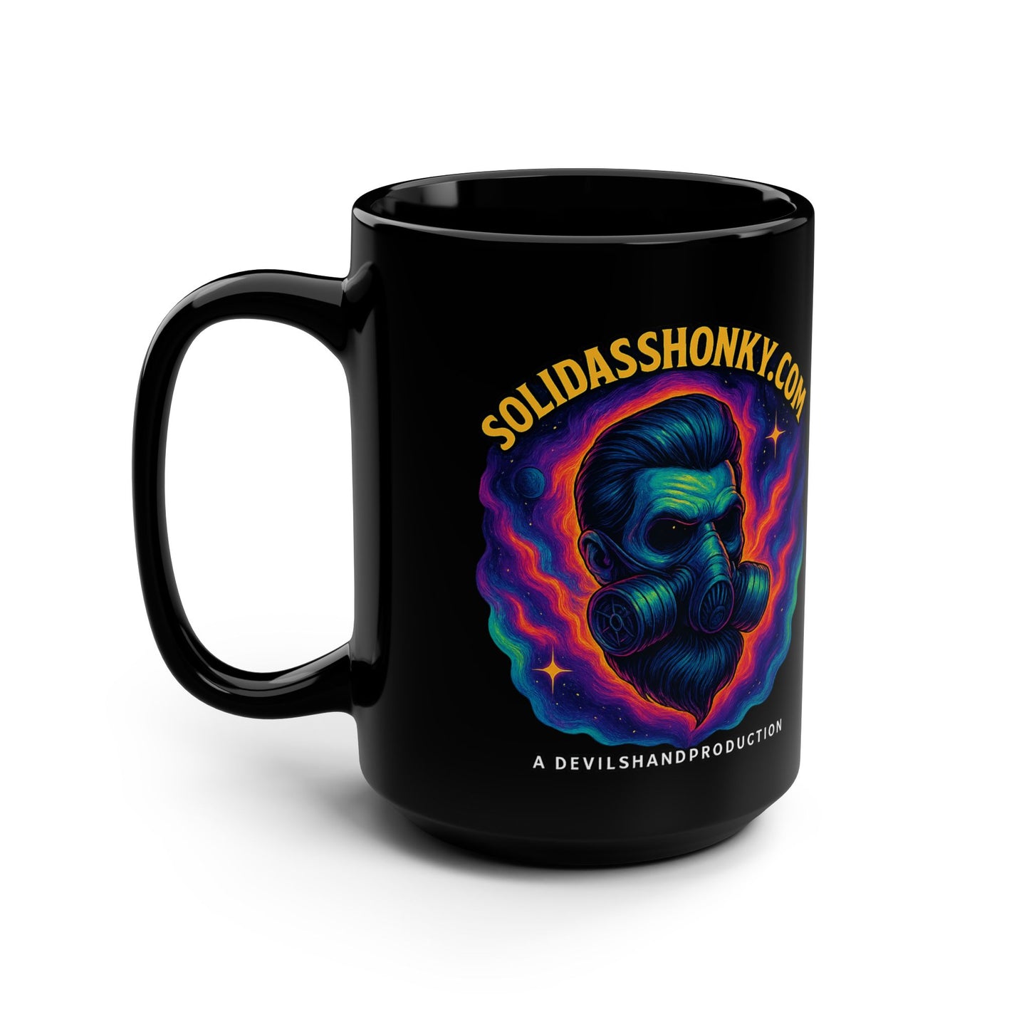 Cosmic Skull 15oz Black Mug — Neon Psychedelic Skull Coffee Cup