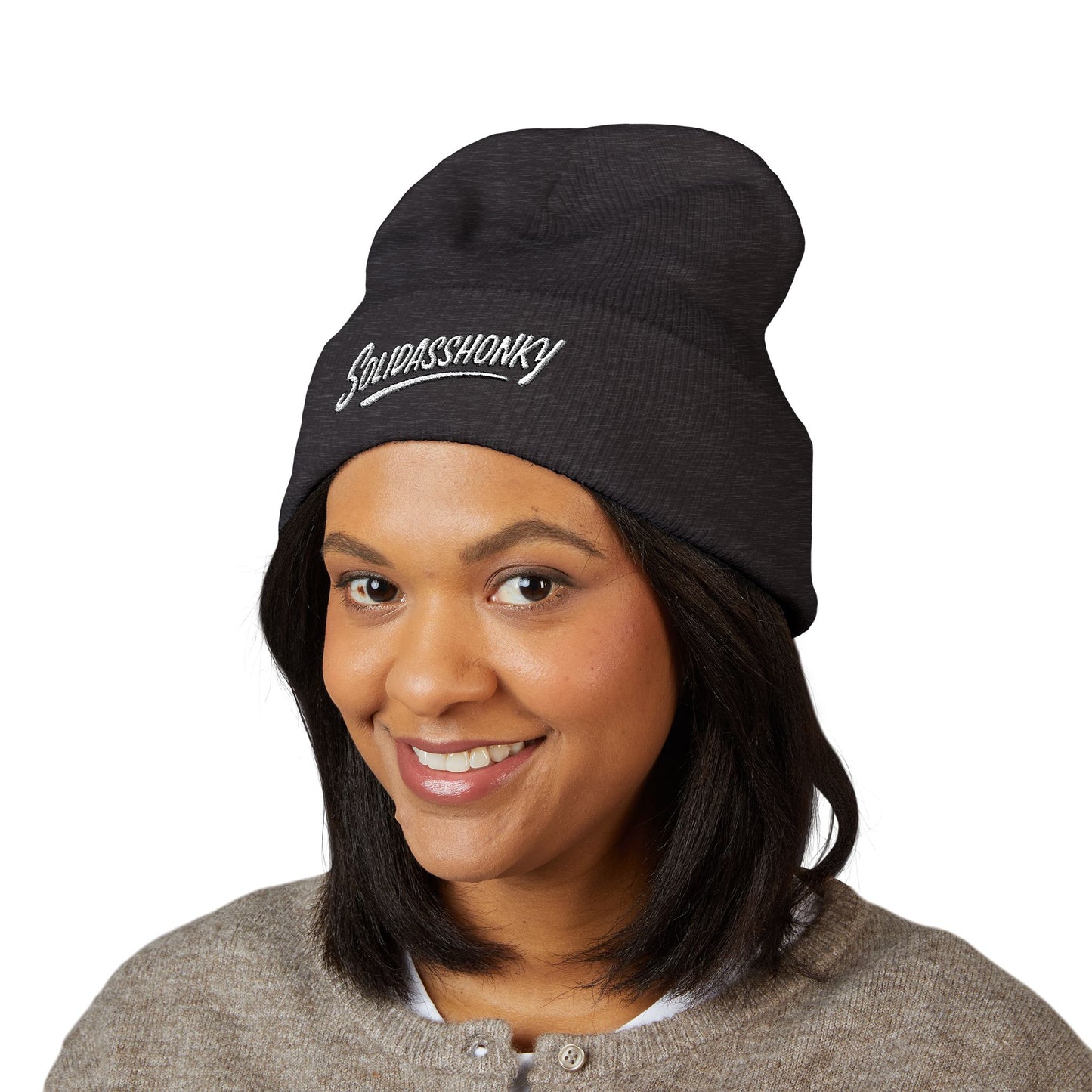Embroidered "Solidasshonky" Classic Cuffed Beanie — Cozy Retro Script Knit Hat