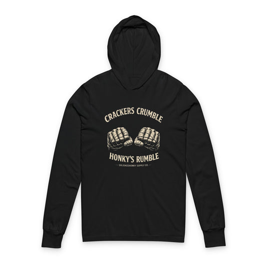 Hooded Long Sleeve Tee — "Crackers Crumble Honky’s Rumble" Vintage Boxing Gloves Graphic