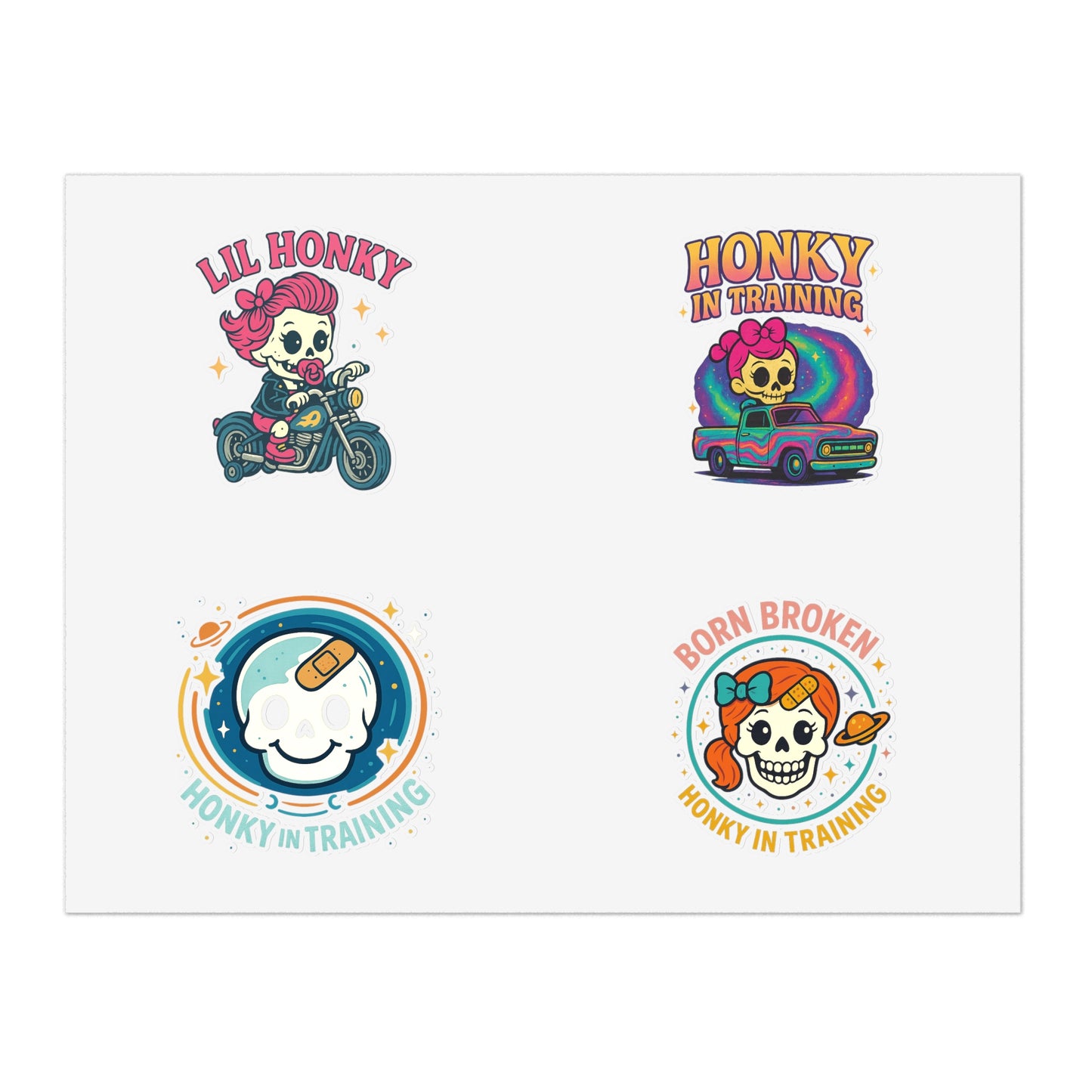 Honky in Training Sticker Sheet — 4 Retro Skull Car Motorcycle Decals