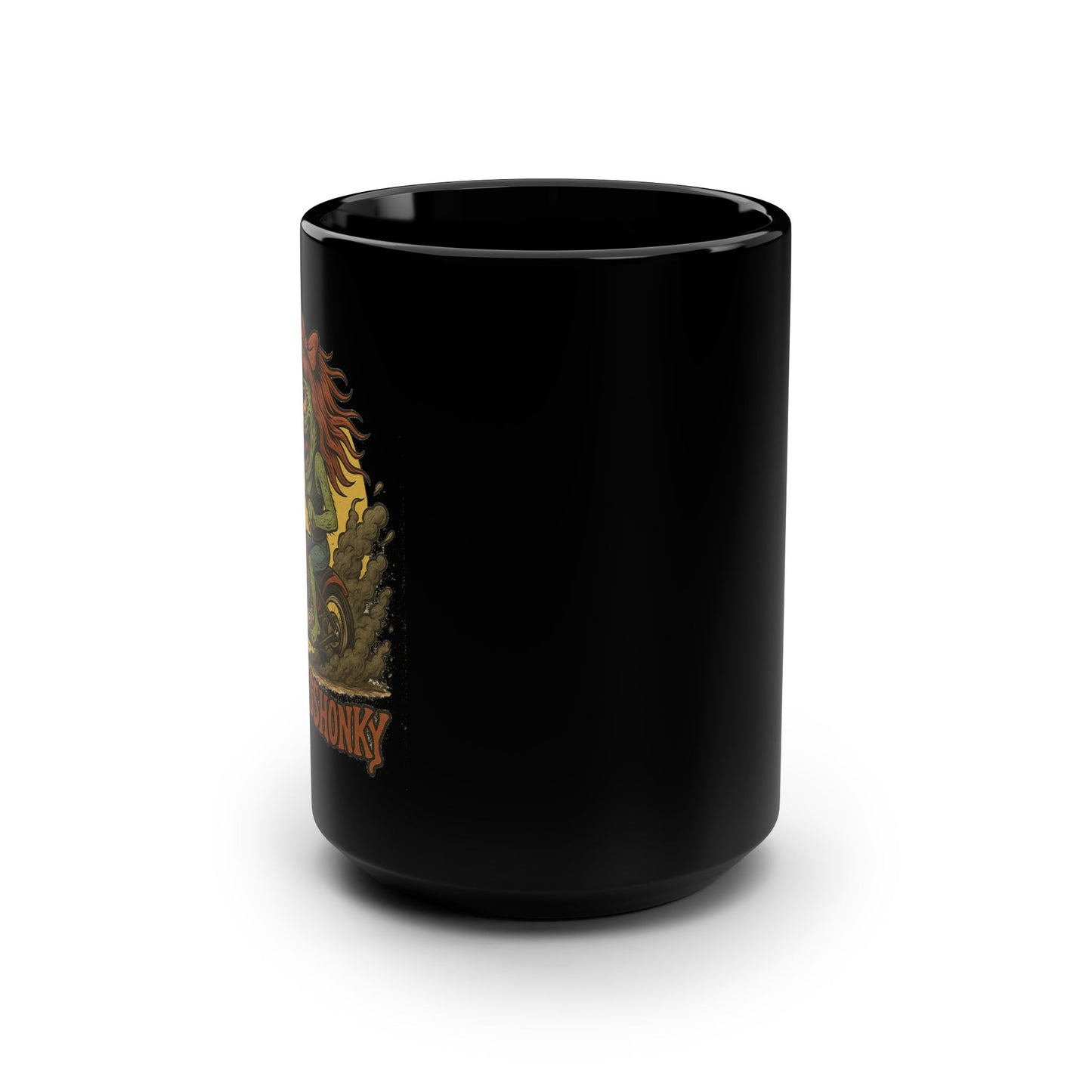 Black 15oz Coffee Mug — Rat Fink Motorcycle Graphic