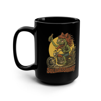 Black 15oz Coffee Mug — Rat Fink Motorcycle Graphic
