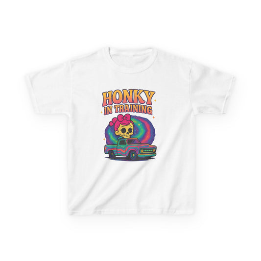 Kids T-Shirt — "Honky in Training" Retro Skull Car Graphic