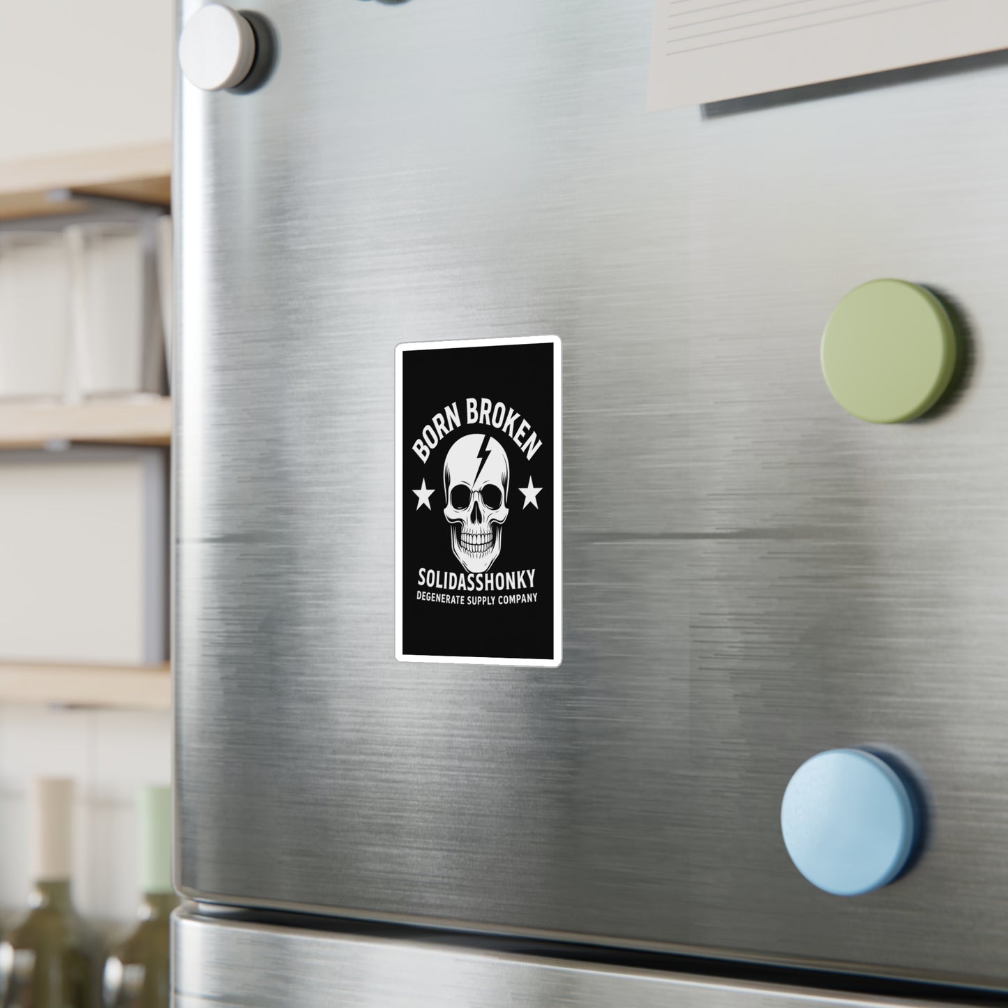 Born Broken Skull Vinyl Sticker — Kiss-Cut Decal, Retro Punk Logo for Laptops, Cars & Gear