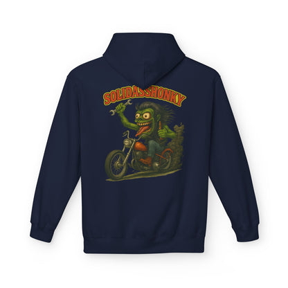 Motorcycle Hoodie — “Soldasshonky” Vintage Biker Graphic Pullover
