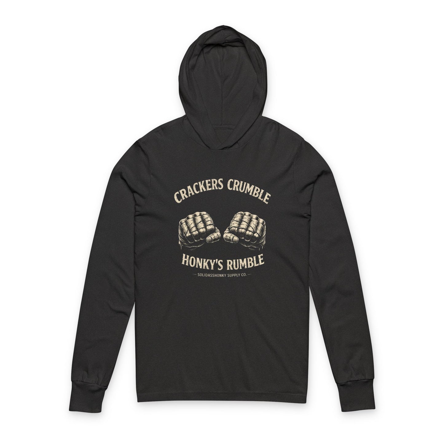 Hooded Long Sleeve Tee — "Crackers Crumble Honky’s Rumble" Vintage Boxing Gloves Graphic