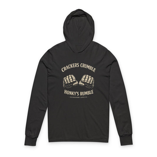 Hooded Long Sleeve Tee — "Crackers Crumble Honky’s Rumble" Vintage Boxing Gloves Graphic
